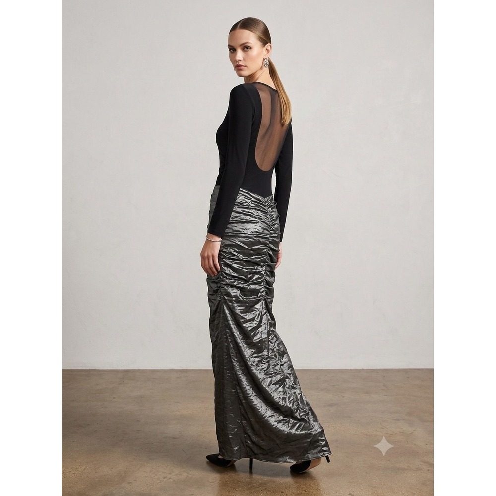 Nicole Miller Black Metallic Silver Ruched Open Back Maxi Gown DD10015 Mens 12‎